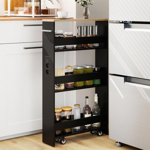 Chariot De Rangement Roulant 13 Cm, Mltiprise Avec Ports USB, Desserte De Cuisine (noir + Naturel)