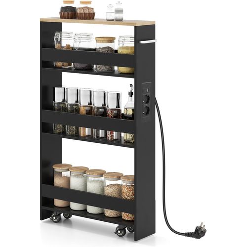 Chariot De Rangement Roulant 13 Cm, Mltiprise Avec Ports USB, Desserte De Cuisine (noir + Naturel)