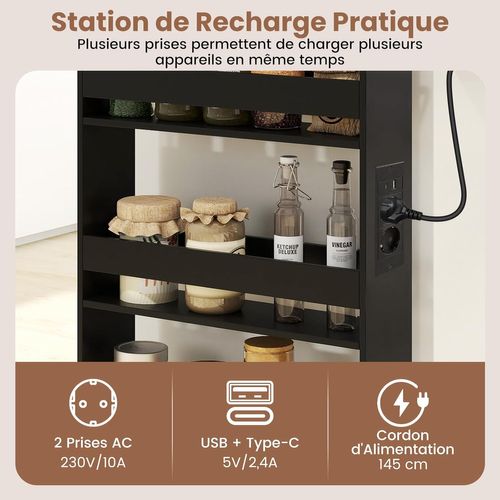 Chariot De Rangement Roulant 13 Cm, Mltiprise Avec Ports USB, Desserte De Cuisine (noir + Naturel)