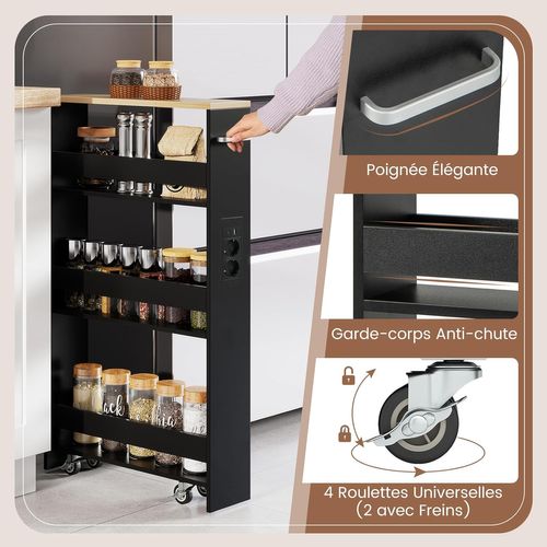 Chariot De Rangement Roulant 13 Cm, Mltiprise Avec Ports USB, Desserte De Cuisine (noir + Naturel)