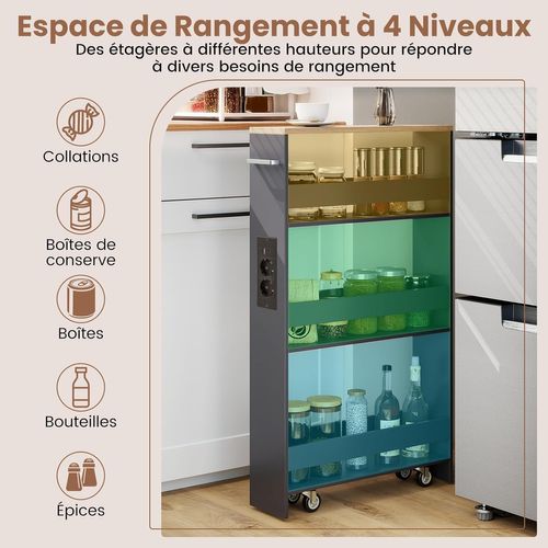 Chariot De Rangement Roulant 13 Cm, Mltiprise Avec Ports USB, Desserte De Cuisine (gris + Naturel)