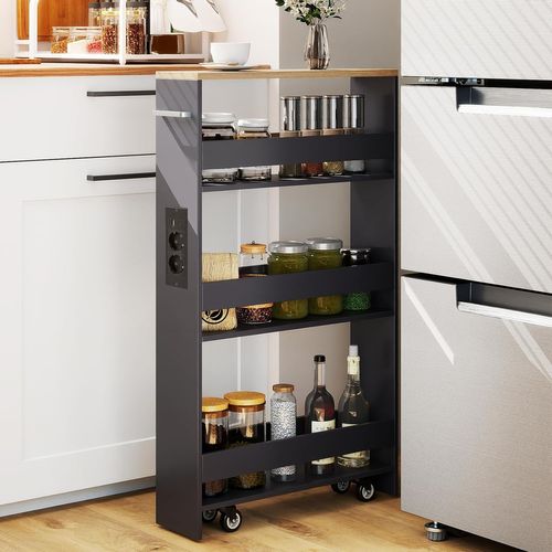 Chariot De Rangement Roulant 13 Cm, Mltiprise Avec Ports USB, Desserte De Cuisine (gris + Naturel)