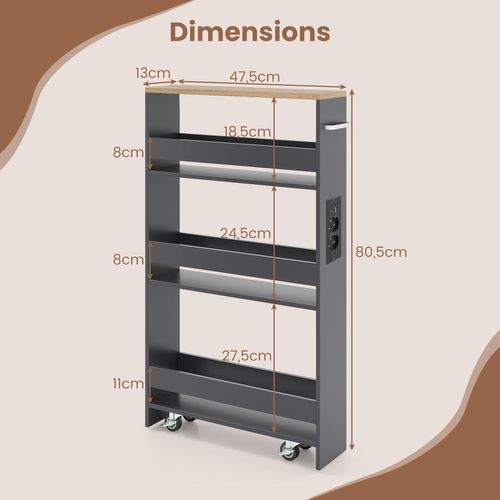 Chariot De Rangement Roulant 13 Cm, Mltiprise Avec Ports USB, Desserte De Cuisine (gris + Naturel)