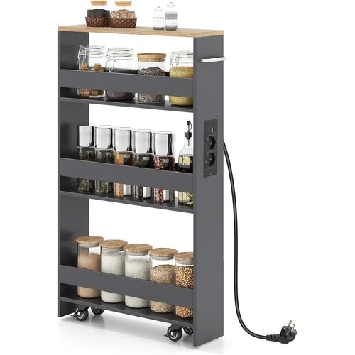 Chariot De Rangement Roulant 13 Cm, Mltiprise Avec Ports USB, Desserte De Cuisine (gris + Naturel)
