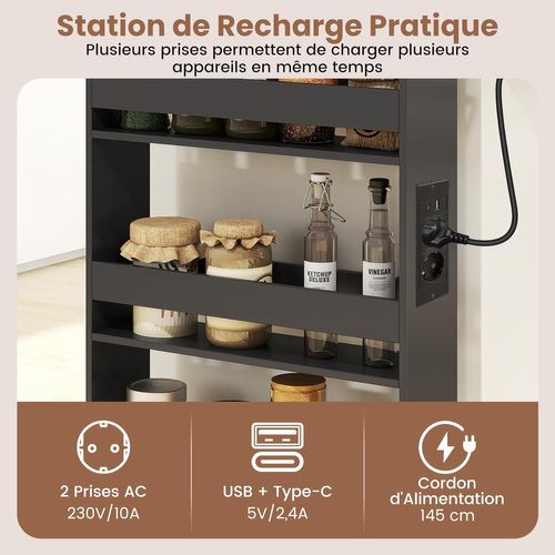 Chariot De Rangement Roulant 13 Cm, Mltiprise Avec Ports USB, Desserte De Cuisine (gris + Naturel)