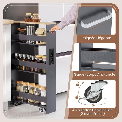 Chariot De Rangement Roulant 13 Cm, Mltiprise Avec Ports USB, Desserte De Cuisine (gris + Naturel)
