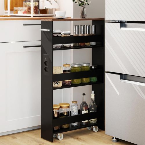 Chariot De Rangement Roulant 13 Cm, Mltiprise Avec Ports USB, Desserte De Cuisine (noir + Brun)