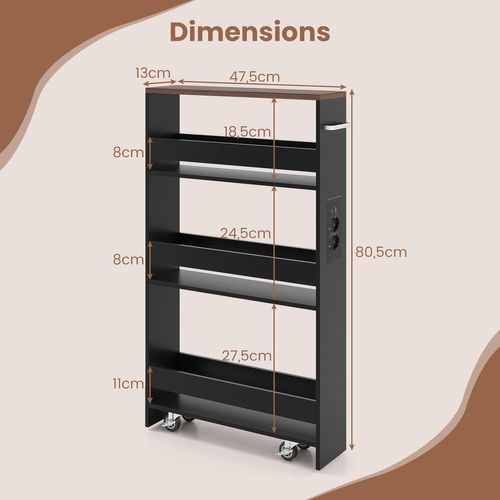 Chariot De Rangement Roulant 13 Cm, Mltiprise Avec Ports USB, Desserte De Cuisine (noir + Brun)