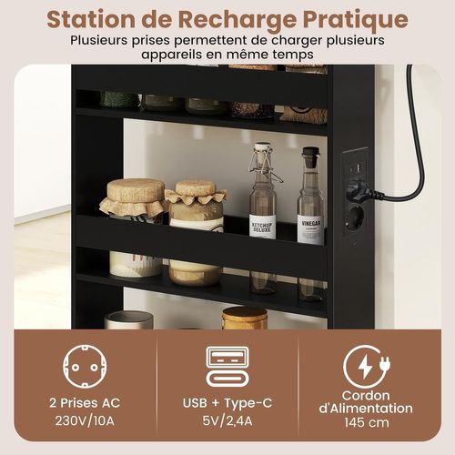 Chariot De Rangement Roulant 13 Cm, Mltiprise Avec Ports USB, Desserte De Cuisine (noir + Brun)