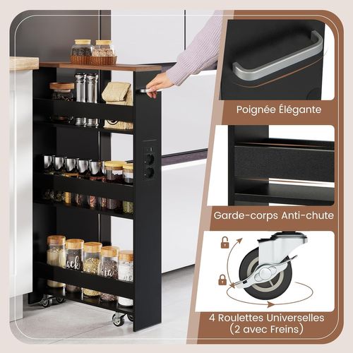 Chariot De Rangement Roulant 13 Cm, Mltiprise Avec Ports USB, Desserte De Cuisine (noir + Brun)
