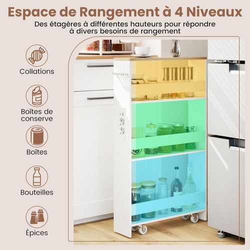 Chariot De Rangement Roulant 13 Cm, Mltiprise Avec Ports USB, Desserte De Cuisine (blanc + Naturel)