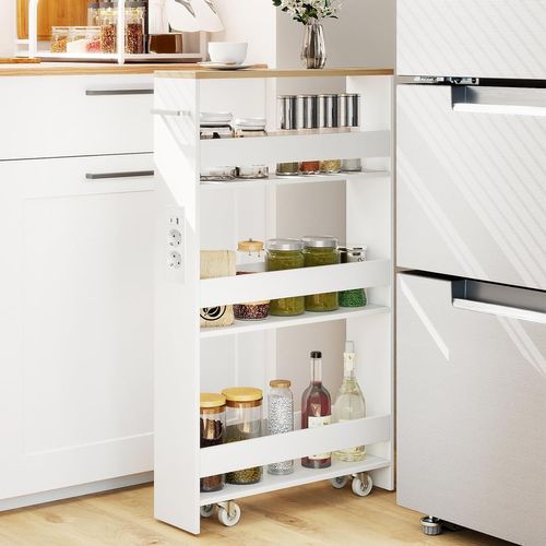 Chariot De Rangement Roulant 13 Cm, Mltiprise Avec Ports USB, Desserte De Cuisine (blanc + Naturel)