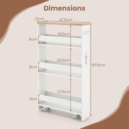 Chariot De Rangement Roulant 13 Cm, Mltiprise Avec Ports USB, Desserte De Cuisine (blanc + Naturel)