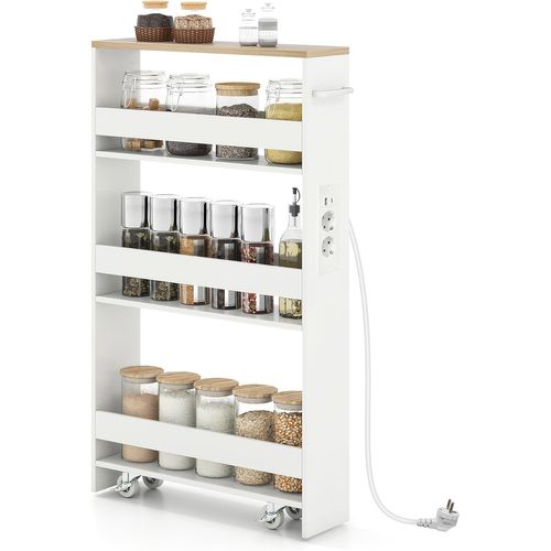 Chariot De Rangement Roulant 13 Cm, Mltiprise Avec Ports USB, Desserte De Cuisine (blanc + Naturel)