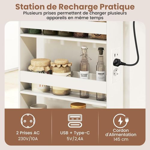 Chariot De Rangement Roulant 13 Cm, Mltiprise Avec Ports USB, Desserte De Cuisine (blanc + Naturel)