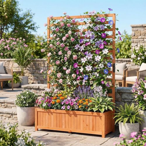 Jardinière Surélevée Avec Treillis Vertical En Bois De Sapin 150cm,trou De Drainage Doublure,orange