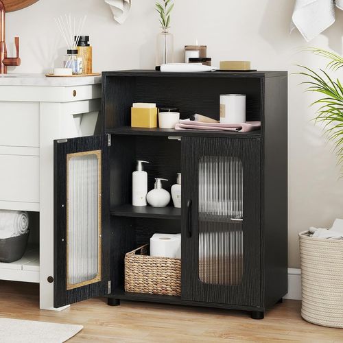 Armoire Haute Salle De Bain LIFEZEAL - 60x30x163 Cm - Portes Verre Trempé - Étagères Réglables - Noir Meuble étroit Cuisine