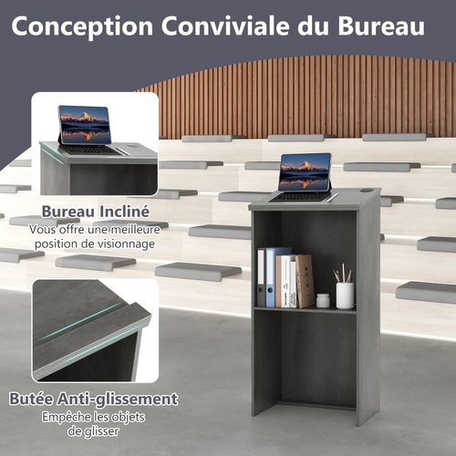Podium Debout En Bois, Pupitre 117 Cm, Surface Inclinée Avec Rebord, Lutrin Avec Étagère(gris)