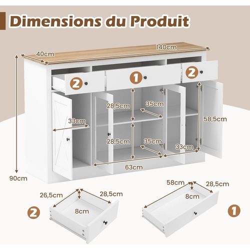 Buffet,meuble De Cuisine Avec 3 Tiroirs,2 Portes Vitrées,étagères Réglables,140x40x90cm,blanc