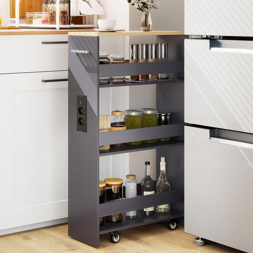 Chariot De Rangement Roulant 20cm,mltiprise Avec Ports USB,desserte à 4 Niveaux(gris+naturel)