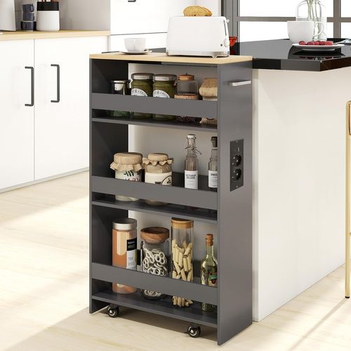 Chariot De Rangement Roulant 20cm,mltiprise Avec Ports USB,desserte à 4 Niveaux(gris+naturel)