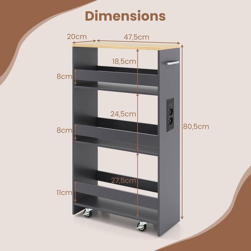 Chariot De Rangement Roulant 20cm,mltiprise Avec Ports USB,desserte à 4 Niveaux(gris+naturel)