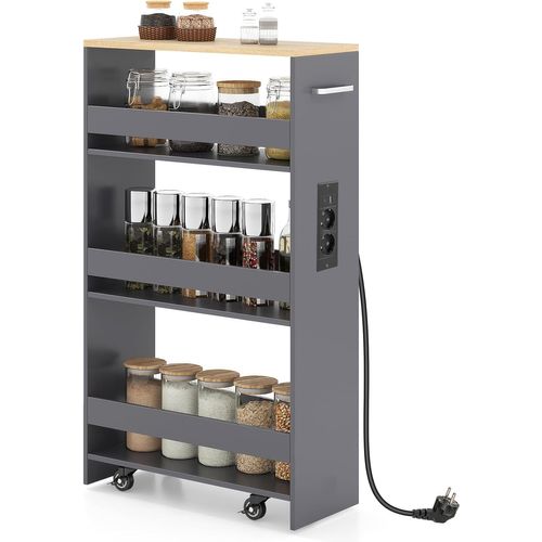 Chariot De Rangement Roulant 20cm,mltiprise Avec Ports USB,desserte à 4 Niveaux(gris+naturel)