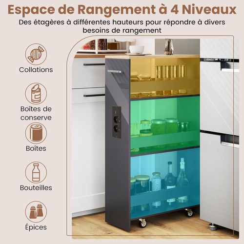 Chariot De Rangement Roulant 20cm,mltiprise Avec Ports USB,desserte à 4 Niveaux(gris+naturel)