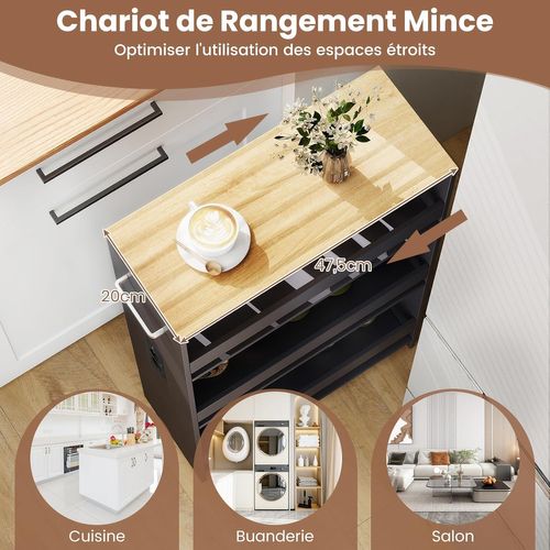 Chariot De Rangement Roulant 20cm,mltiprise Avec Ports USB,desserte à 4 Niveaux(gris+naturel)