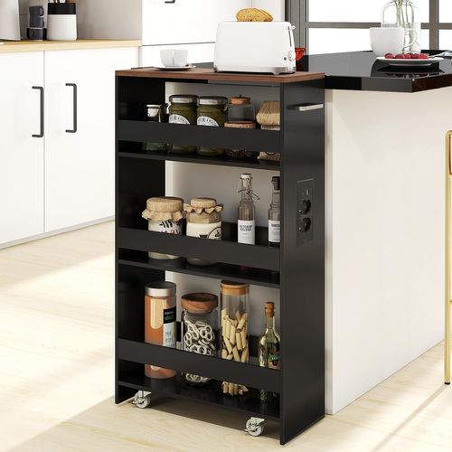 Chariot De Rangement Roulant 20cm,mltiprise Avec Ports USB,desserte à 4 Niveaux(noir+brun)