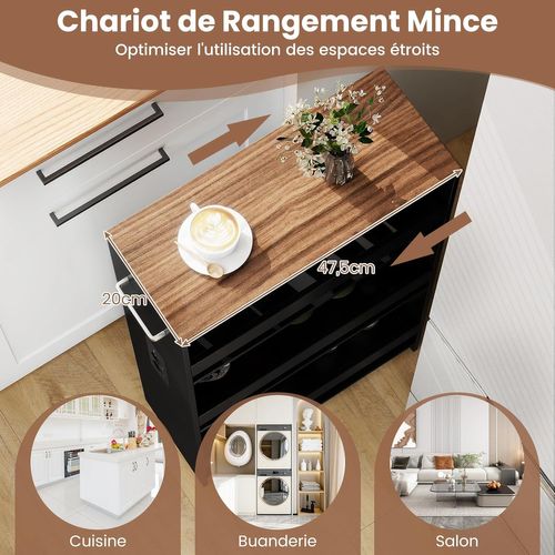 Chariot De Rangement Roulant 20cm,mltiprise Avec Ports USB,desserte à 4 Niveaux(noir+brun)