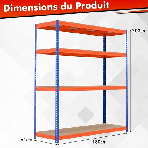 Étagère Charge Lourde,61x181x203cm,capacité 2400 Kg,étagère De Rangement à 4 Niveaux,bleu/orange