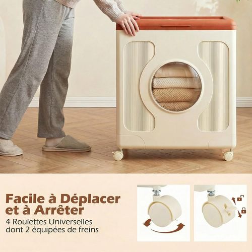 Boite Rangement Plastique Avec Couvercle 122l, Caisse Rangement Pliable, 4 Roulettes(orange)