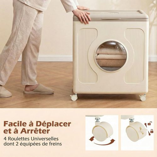 Boite Rangement Plastique Avec Couvercle 122l, Caisse Rangement Pliable, 4 Roulettes(gris)