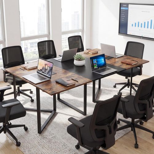 Table De Conférence,table De Réunion Pour 8 Personnes,2 Passe-câbles,180x100x76,5cm,marron Rustique