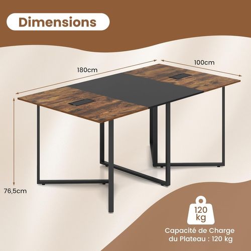 Table De Conférence,table De Réunion Pour 8 Personnes,2 Passe-câbles,180x100x76,5cm,marron Rustique