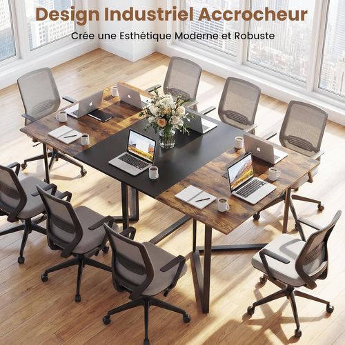 Table De Conférence,table De Réunion Pour 8 Personnes,2 Passe-câbles,180x100x76,5cm,marron Rustique