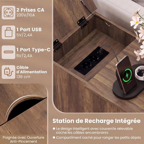 Table De Chevet Avec Prise,table De Nuit Connectée Avec Tiroir,placard à Étagere Réglable(marron)