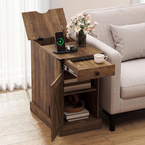 Table De Chevet Avec Prise,table De Nuit Connectée Avec Tiroir,placard à Étagere Réglable(marron)