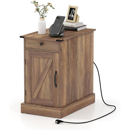 Table De Chevet Avec Prise,table De Nuit Connectée Avec Tiroir,placard à Étagere Réglable(marron)