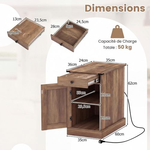 Table De Chevet Avec Prise,table De Nuit Connectée Avec Tiroir,placard à Étagere Réglable(marron)