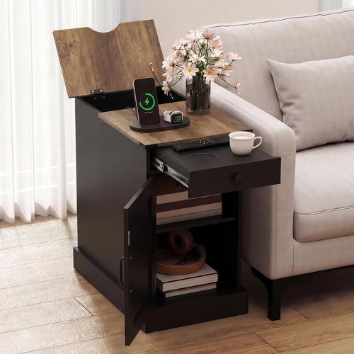 Table De Chevet Avec Prise,table De Nuit Connectée Avec Tiroir,placard à Étagere Réglable(noir)