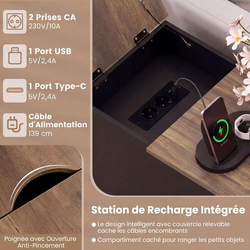 Table De Chevet Avec Prise,table De Nuit Connectée Avec Tiroir,placard à Étagere Réglable(noir)