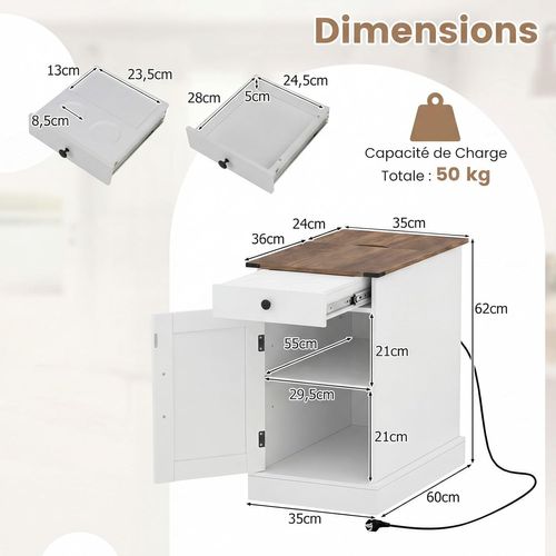 Table De Chevet Avec Prise,table De Nuit Connectée Avec Tiroir,placard à Étagere Réglable(blanc)