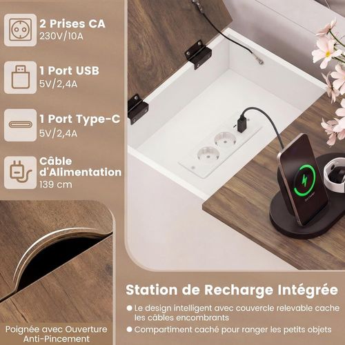 Table De Chevet Avec Prise,table De Nuit Connectée Avec Tiroir,placard à Étagere Réglable(blanc)