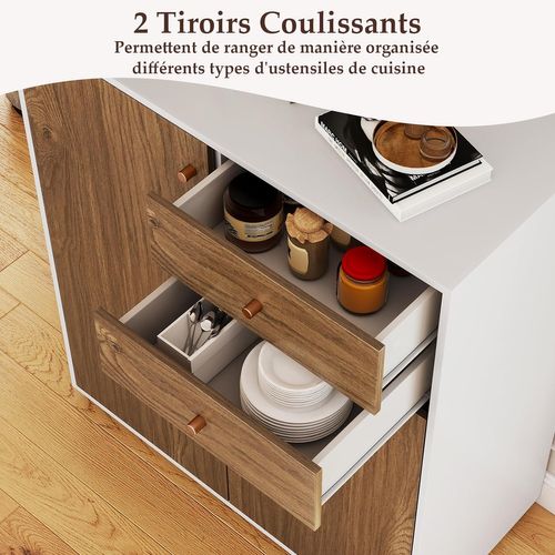 Petit Buffet Cuisine Rangement,meuble De Rangement 2 Placards,2 Tiroirs,3 Étagères Réglables,naturel