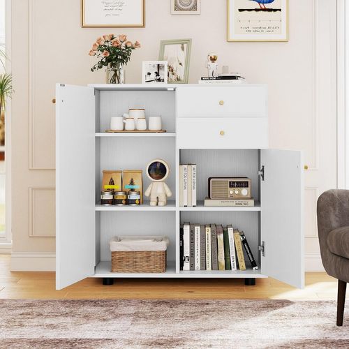 Petit Buffet Cuisine Rangement,meuble De Rangement 2 Placards,2 Tiroirs,3 Étagères Réglables,blanc