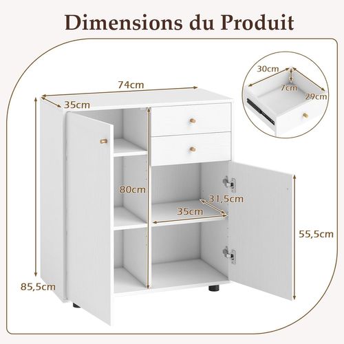Petit Buffet Cuisine Rangement,meuble De Rangement 2 Placards,2 Tiroirs,3 Étagères Réglables,blanc