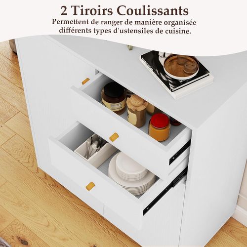 Petit Buffet Cuisine Rangement,meuble De Rangement 2 Placards,2 Tiroirs,3 Étagères Réglables,blanc