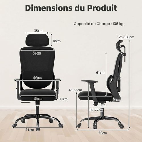Chaise Bureau Ergonomique,fauteuil De Bureau Avec Appuie-tête, Soutien Lombaire Et Accoudoirs,noir